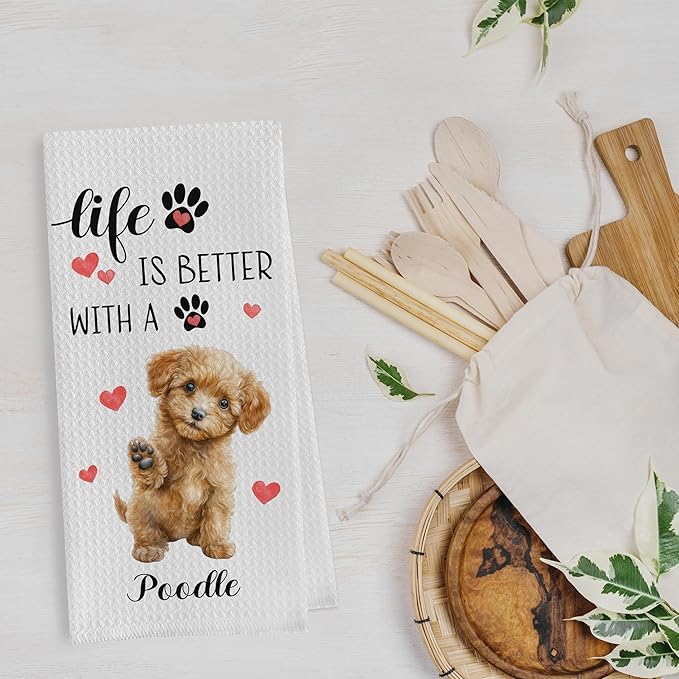 Poodle Gifts Dish Towels Set - Funny Poodle Gifts Waffle Weave Kitchen Towels, Dog Hand Tea Towel, Dog Lover Gift for Women (16×24 Inches Set of 2)