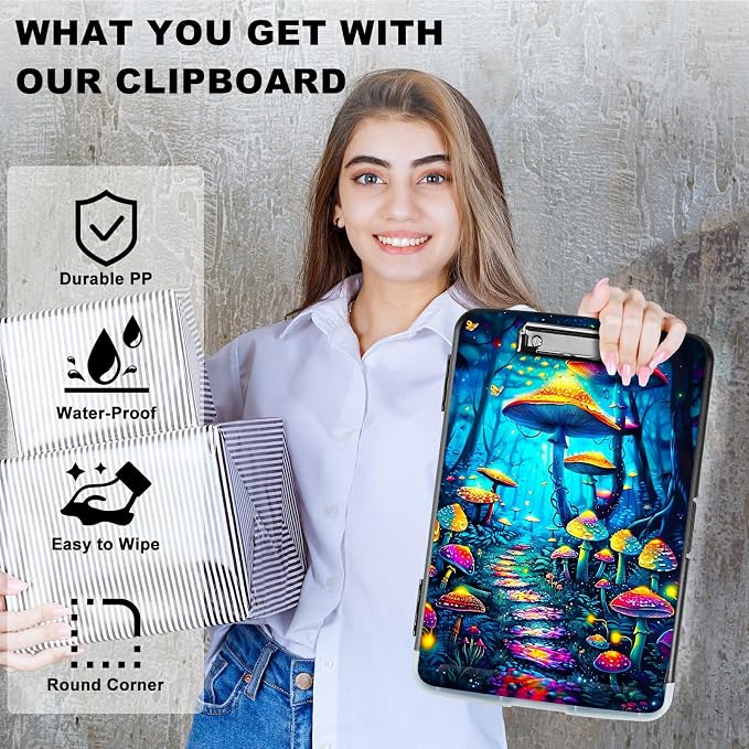 Blue Forest Mushroom A4 Clipboard with Storage Pen Holder, Clipboards Organizer Nursing Clipboard Foldable File Folder Plastic Clipboard Folio Clip Board for Office Students Classroom