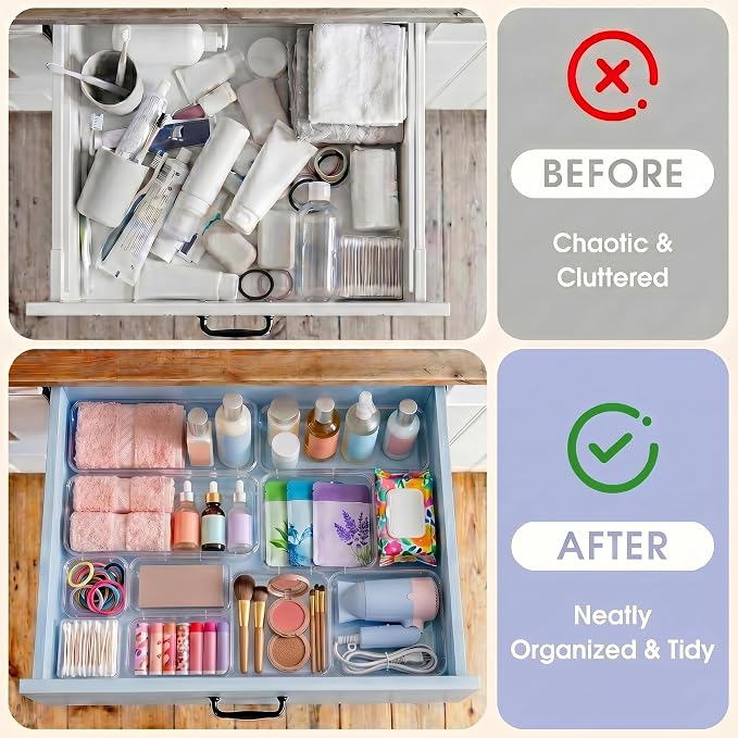 14 Pcs Expandable Clear Drawer Organizers, 3-Size Adjustable Storage Bins | Extendable Plastic Boxes, Thick Durable Arcrylic Bins for Makeup Jewelry Stationery Utensils Dresser Office Kitchen DIY Tools