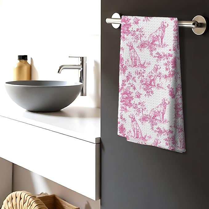 Nipi Pink Chinoiserie Golden Retriever Kitchen Towels, Pink Floral Golden Retriever Decorative Dish Tea Towels, Grandmillennial Botanical Dog Hand Towels for Kitchen Bathroom, 16x24 Inch