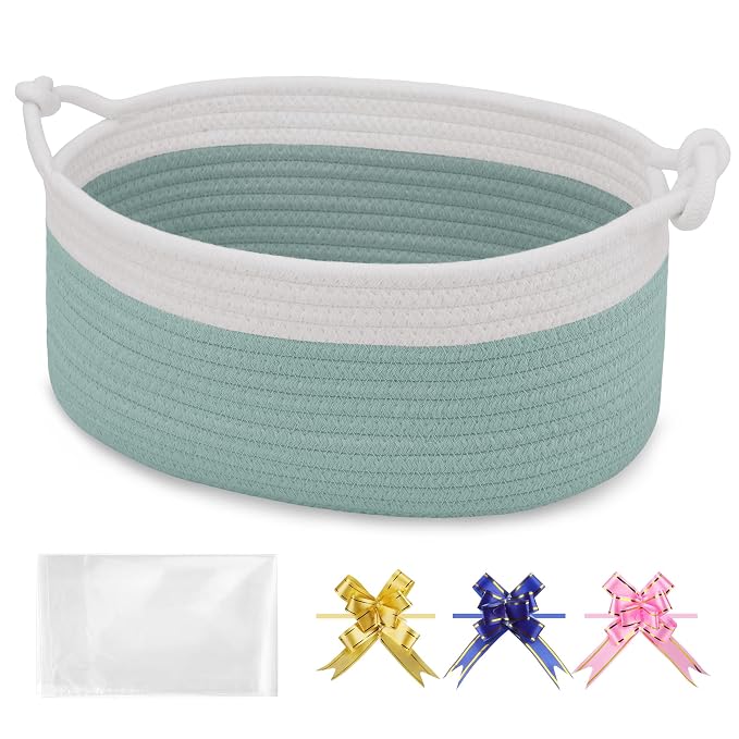 Small Empty Gift Basket with Bag & Ribbons, White & Light Green | 12“x8”x5”, Cotton Rope Woven Basket for Birthdays, Baby Showers, Mother's Day, Christmas; Stores Small Items, Kids & Pet Toys