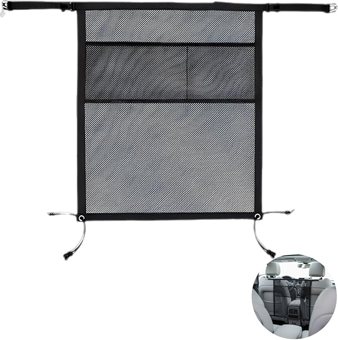 Dog Car Barrier, 27.2 x 22.0 in Dog Car Net Barrier with Dual Layer Mesh Organizer Pockets, Pet Divider for Backseat Safety, Scratchproof Design, Universal Fit for Most Cars SUVs Trucks