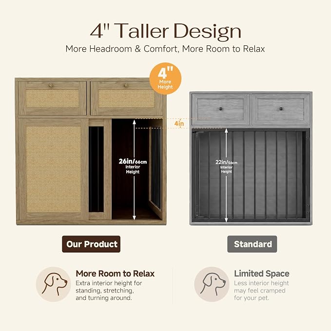 PureCozy Wooden Dog Crate Furniture, Left Unit, 40 Inch, Light Oak | Cane cabinet and metal sliding door with 2 storage drawers; furniture-style indoor kennel doubles as an end table.