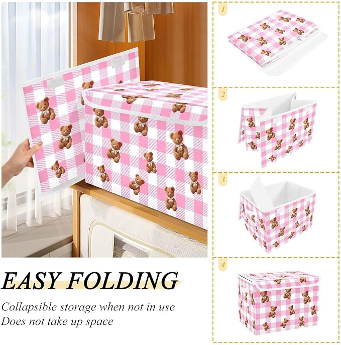 Pink Bear Fabric Storage Bins with Lid Closet Bedroom 40L Fabric Bin | Decorative Storage Boxes, 300D Oxford Cloth, Hollow Board Frame, Flip Top Velcro Lid, 16.5x12.6x11.8 inch, Collapsible Design