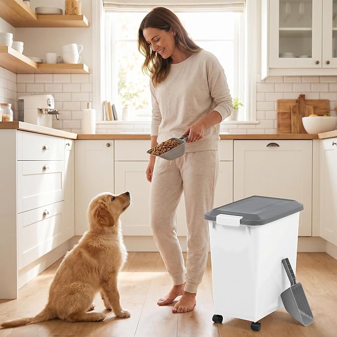 Airtight Pet Food Storage Container 30 lbs – Large Stackable Bin for Dog & Cat Dry Kibble, with Scoop, Freshness Seal, Durable Plastic, Ideal for Pantry & Kitchen