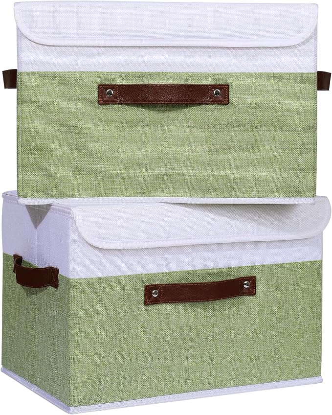 ANMINY Fabric Storage Box Bins with Lids, Green White, 15"x10"x10", 4 Pack | Keepsake Memory Storage, Cotton Linen, PP Board Reinforced, Washable, PU Handles, Foldable & Stackable, Decorative, Large