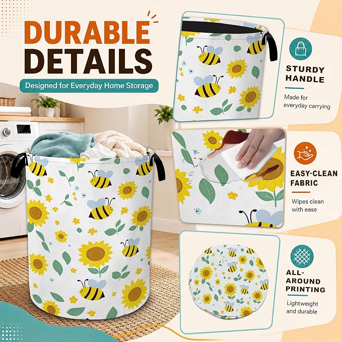 Cute Bee Sunflower Laundry Basket with Handles,Foldable Oxford Laundry Hamper,Collapsible Clothes Storage Basket for Laundry Room/Bathroom/Bedroom/Dormitories 20.8 x 16 Inches