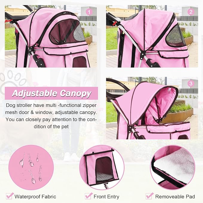 BLKMTY Folding Dog Stroller, 3 Wheels Pet Stroller, Foldable Cat Strollers Waterproof Travel Carrier Strolling Cart for Puppy Jogger with Cup Holder & Storage Basket, Pink
