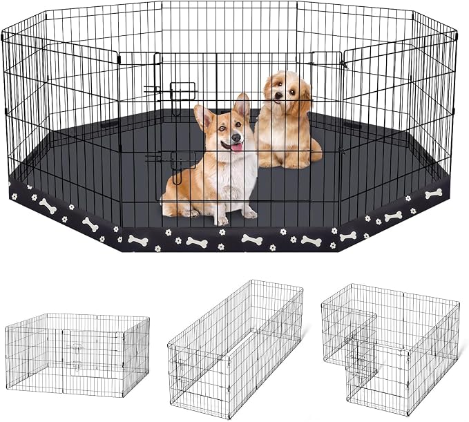 Peekaboo Dog Playpen 24 Inch, 8 Panel Metal Pet Fence with Bottom Pad | Playpen + printing pad，8 Panel Foldable Rustproof Pet Playpen,Climate Pledge Friendly Choice