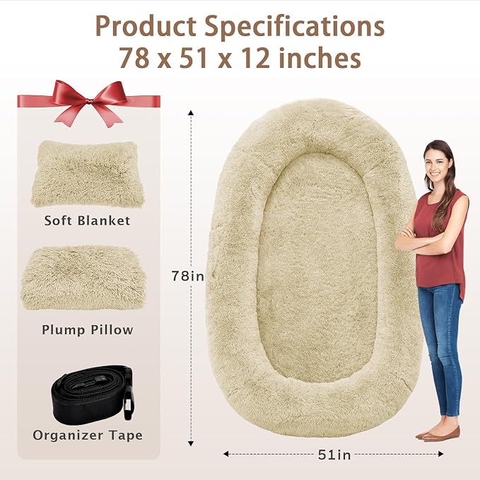 ROOMTEC Human Dog Bed, 78''x51''x12'' Size Fits Adult and Pet Washable Giant People Bed 10 CM Thick Memory Foam Large Oversize Pet Bed with Plump Pillow, Blanket, Strap - Beige