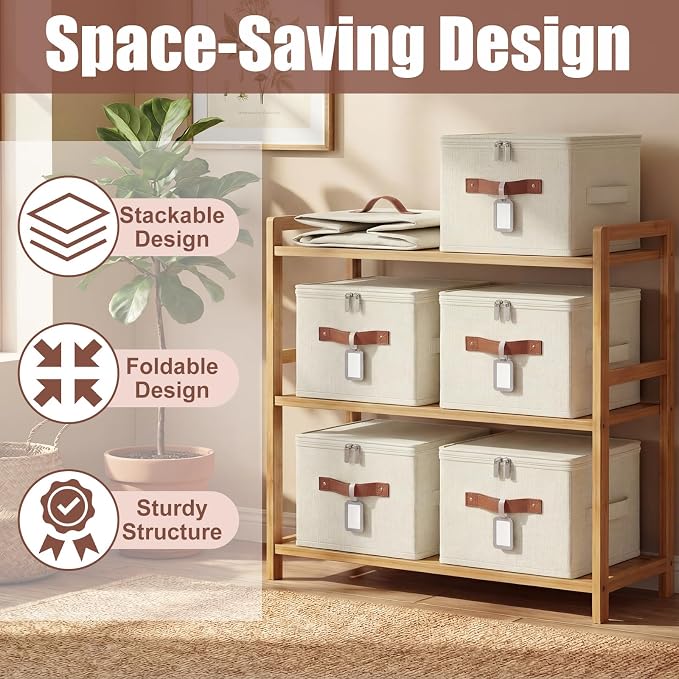 6 Pack Fabric Closet Storage Bins with Zipper Lids and Label, 10×8×7In Large Size Foldable Cotton Linen Storage Cubes Boxes with PU Leather Handles Holders for Bedroom, Shelf, Nursery, Beige