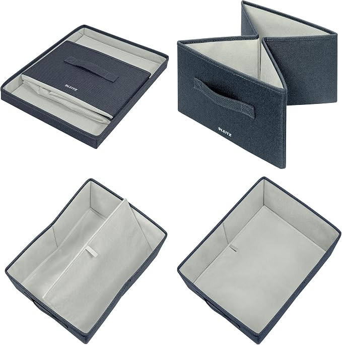 Leitz fabric storage box with lid, set of two storage cubes, foldable ottoman storage box, eco-friendly recyclable organizer box, velvet grey, medium size, 61440089
