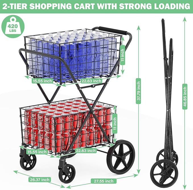 𝐍𝐄𝐖 2-Tier Large Collapsible Grocery Cart On Wheels 400lbs Shopping Cart | for Groceries with 2 Removable Baskets, Waterproof Liner, Heavy Duty Foldable Shopping Utility Cart for Seniors
