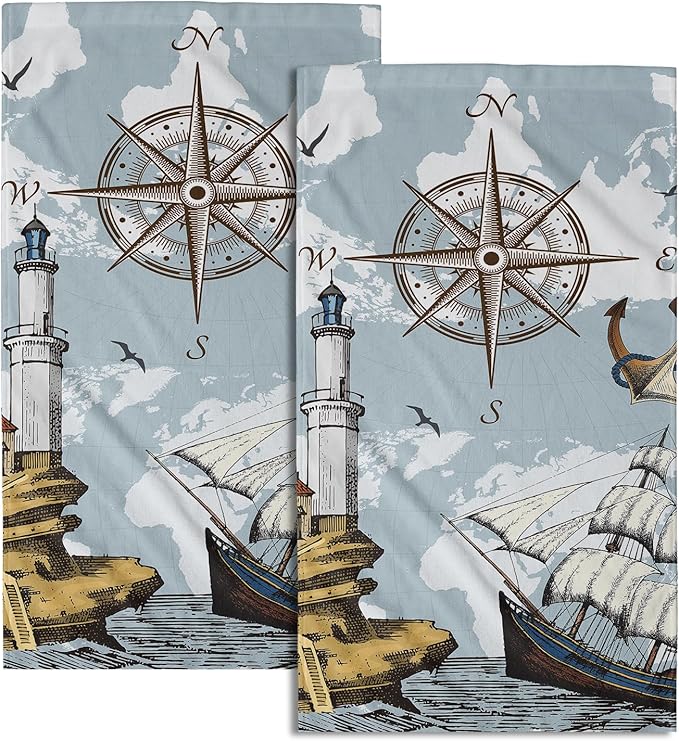Giwawa Vintage Nautical Compass Hand Towel Blue Soft Sailing Ship Towel Set of 2, World Sea Map Boat Facecloth Ocean Anchor Lighthouse Home Decor, Bathroom Hotel Spa Gym Guest Washcloth Columbus Day