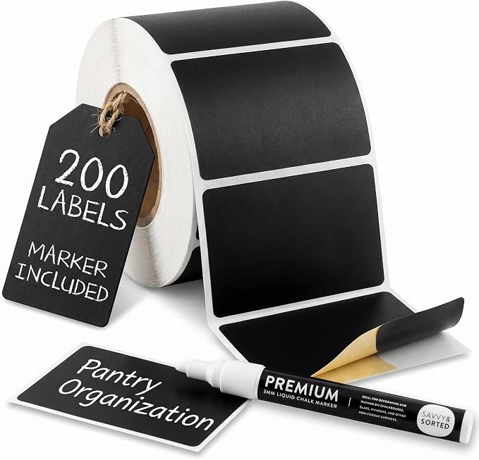 200 Chalkboard Labels for Food Containers, Reusable Black Stickers with Chalk Marker, Removable Pantry Chalk Board Jar Labels Stickers for Glass Jars, Storage Food Mason Jars, Kitchen Organization