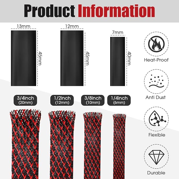 Tatuo 65.6 ft Braided Cable Sleeve Expandable Wire Sheathing(Red, Black) | with 120 Heat Shrink Tubing 1/4 in 2/5 in 1/2 in 3/4 in Wire Sleeve Cord Management for Television Audio Computer Video Pets