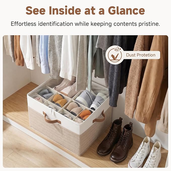 StorageWorks 2-Pack 32-Pair Closet Shoe Storage Organizer, Brown and White | Adjustable Dividers, Holds up to 16 Pairs Each, Foldable, Clear Lid, Soft Handles, Fits Heels, Sandals & Flats, For Bedroom