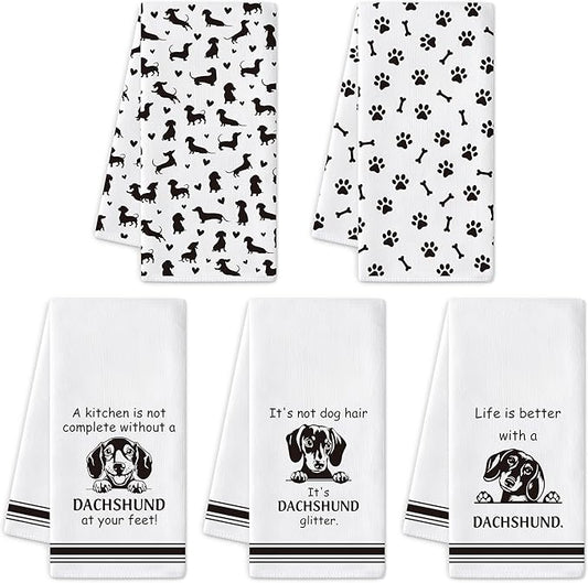 R HORSE Dachshund Kitchen Dish Towel - 5Pcs Cute Dachshund Cleaning Dishcloth Puppy Dog Absorbent Bar Quick Dry Hand Towel Tea Towels for Dog Mom & Dad Housewarming Bathroom Kitchen Home Decors