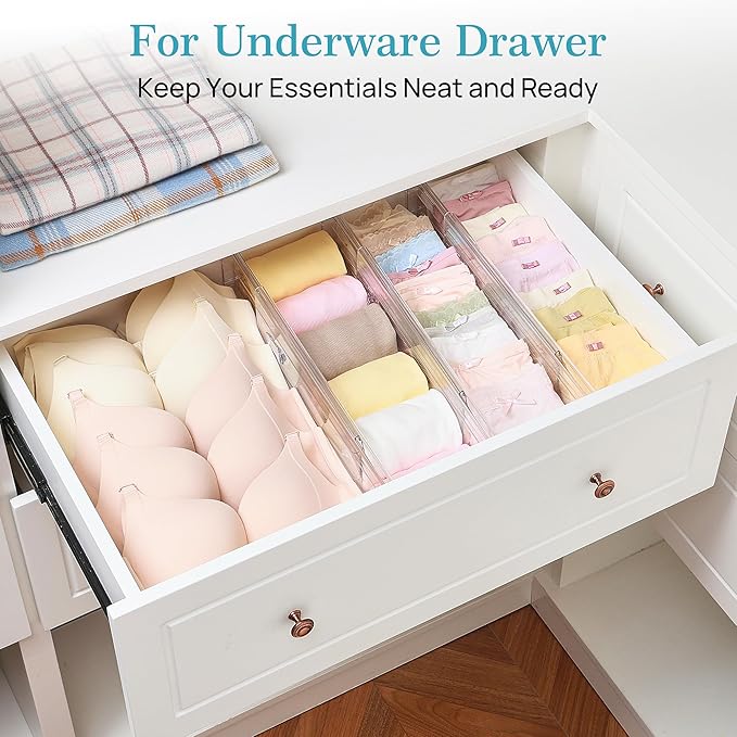Vtopmart 4" Regular Upgrade Drawer Dividers for Clothes, 12.8"-22.3" 4 Pack | Expandable Dresser Drawer Organizer, Clear Separator, Baby Clothing, Underwear, Cosmetics, Toiletries Storage, Space Saving