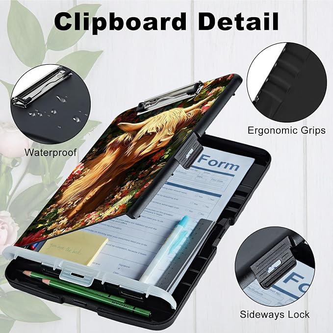 A4 Clipboard with Storage Pen Holder, Clipboards Organizer Nursing Clipboard Foldable File Folder Plastic Clipboard Folio Clip Board for Office Work Classroom Doctor, Grass Grass Field Cow