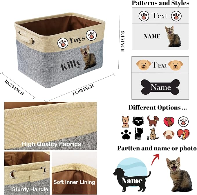 Personalized Dog Toy Storage Basket with Pet Name - Custom Collapsible Puppy Bin, Durable Fabric Toy Box for Dogs & Cats, Sturdy Handles for Home Organization