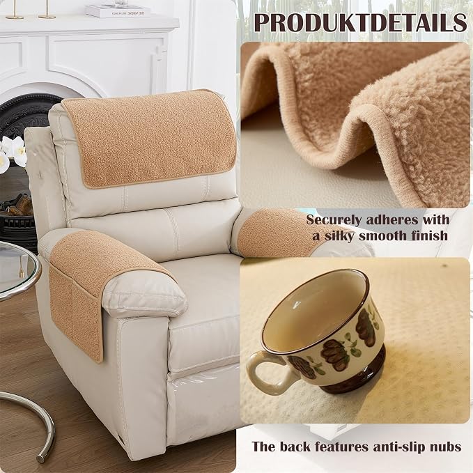Sherpa Fleece Armrest and Headrest Covers with 2 Pockets | Soft fleece with nonslip silicone backing helps protect leather and fabric furniture from pet scratches machine washable