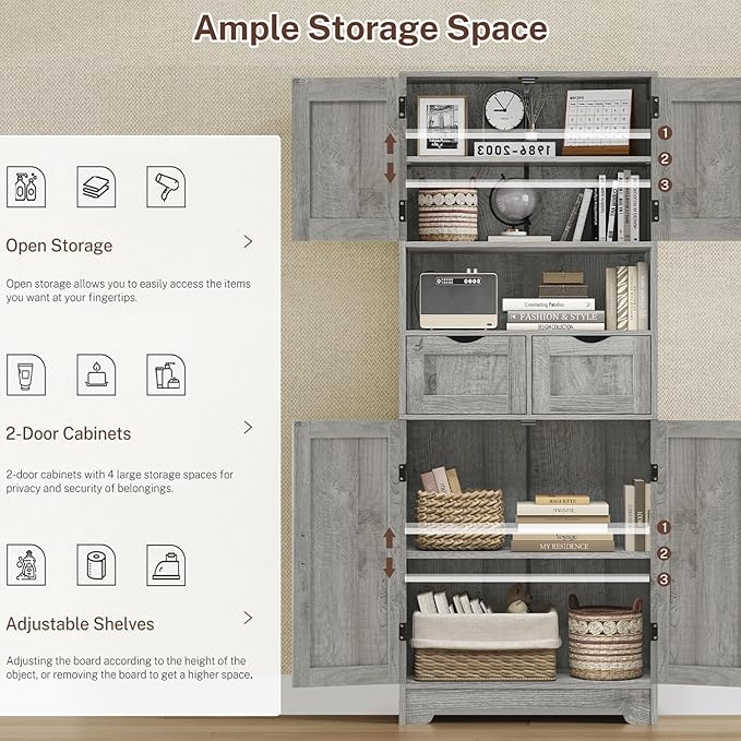 TEENFON 57.8" H Tall Storage Cabinet with 2 Drawers & 2 Adjustable Shelves, Bathroom Storage Cabinet with 4 Doors, Floor Cupboard, for Living Room, Dining Room, Entryway, Woodgrain Gray