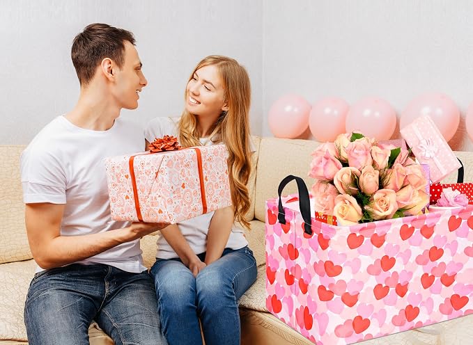 Rectangular Valentines Basket Storage Bin for Shelves Girls Gifts Baskets Foldable Box with Handles for Home Office Car Dormroom Valentine's Day Party Supplies