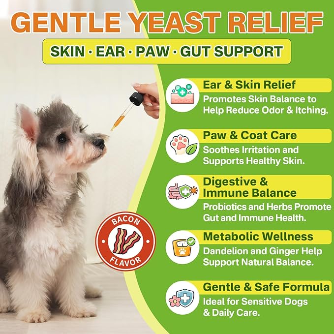 puyrzoe Natural Yeast Infection Treatment for Dogs, Itchy Ears, Skin, Paws & Allergy Relief, Yeast Treatment for Dogs, Supports Gut & Immune Health, Reduces Itching, Irritation & Inflammation, 60ml