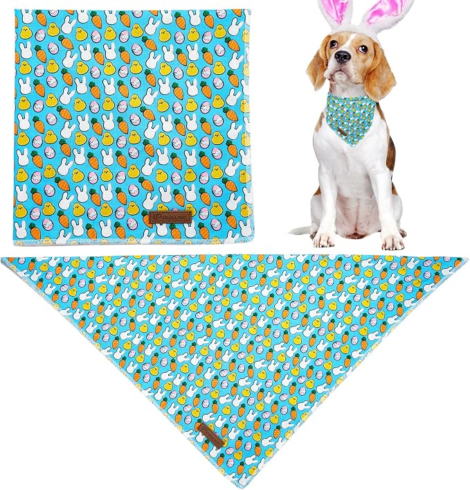 Easter Triangle Bid Dog Bandana, BlueEgg Cotton, S (23'' x 16'' x 16''), Comfortable, Geometric Rabbit Pattern, Unisex, Holiday, Easter