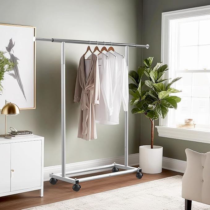 Simple Houseware Standard Rod Garment Clothing Rack, Silver | Single Rail, Extendable Width from 30 to 47 Inches, Rolling Clothing Organizer for Bedroom, Laundry, Living Room