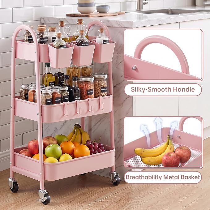 danpinera 3-Tier Rolling Cart, Utility Cart Mobile Metal Rolling Storage Cart with Lockable Wheels & Hanging Cups & Hooks for Kitchen, Bathroom, Office, Workshop, Pink