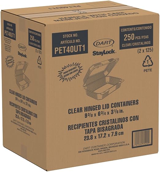Dart 9.4 Inch StayLock Oblong High-Domed Clear PET Plastic Hinged Container, PET40UT1 (250 Count)