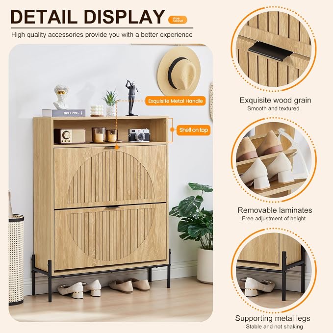 FurSch Fluted Shoe Cabinet with 2 Flip Drawers | Slim, Freestanding, Hidden Organizer, Narrow Storage Rack, for Entryway