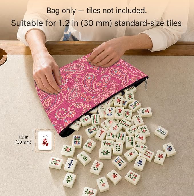 Preppy Hot Pink Paisley Empty Mahjong Tile Bag 13x7.8 Inch, | Boho Floral Printed Portable Travel Case Organizer Zipper Pouch for American Mahjong Tiles Game Night Accessories and Gifts