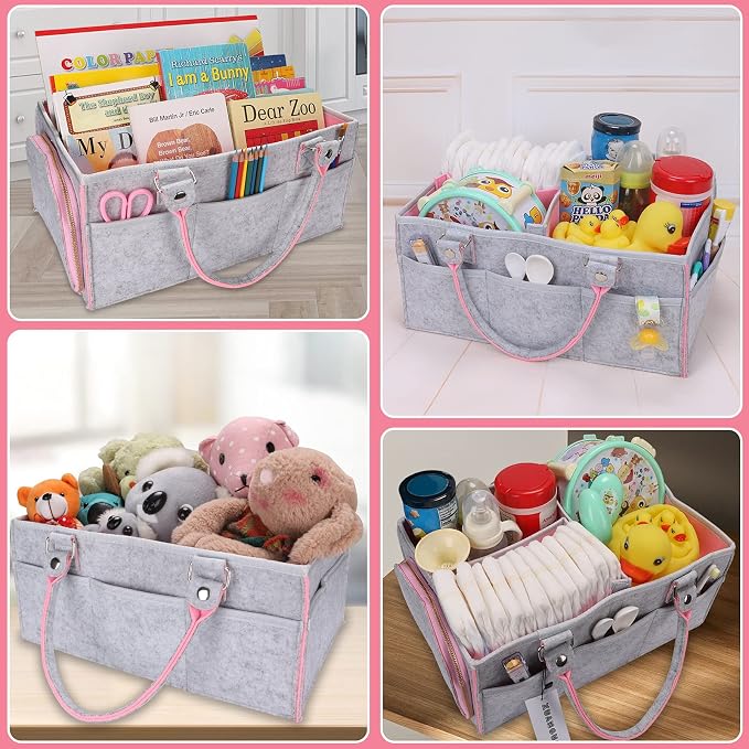 XUANGUO Large Felt Baby Diaper Caddy Organizer with Handles for Girls, Pink | Nursery storage bin and basket; portable tote bag for changing table or car, baby shower gifts and newborn essentials.
