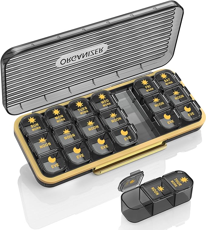 Acedada Pill Organizer 3 Times A Day - Weekly Pill Box 3X A Day, Black Grey | Large Pill Box 7 Day Medicine Organizer Pill Case, Pill Container Holder, Daily Pill Box 3 Times A Day, for Vitamin
