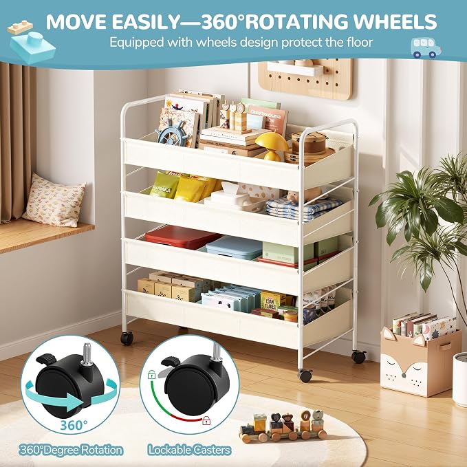 Kids Toy Storage Organizer with 4 Shelves & Wheels for Playroom | White, Large Size, Steel Frame & Oxford Fabric, Rolling Casters with 2 Locks, Safe Rounded Edges, Easy Assembly