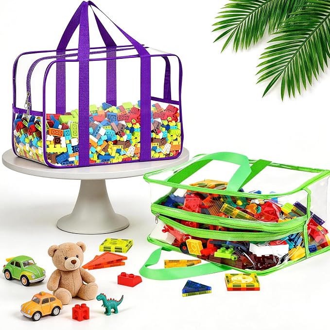 6 Color XXL Toy Storage Bags 16.5×11.8×6.8In with Labels, Large Capacity Reusable Clear PVC Storage Bags, Travel Waterproof Organizer Bags with Double Zipper