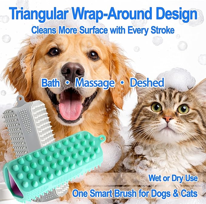 Triangular Wrap-Around Pet Grooming & Bath Brush for Dogs & Cats – 3-in-1 Silicone Dog Bath Brush with Deshedding Bristles, Massage Cones & Deep Cleaning Nubs, Soft Flexible Self-Cleaning Design,Gray