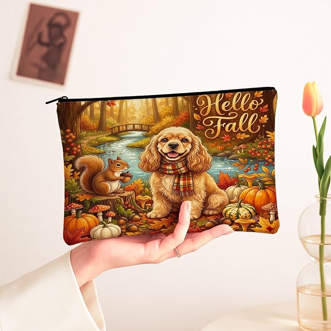 Fall Cocker Spaniel Dog Makeup Bag, Holiday Funny Forest Cosmetic Travel Pouch for Women, Portable Small Canvas Zipper Organizer, Autumn Toiletry Bag 7x9 Inch
