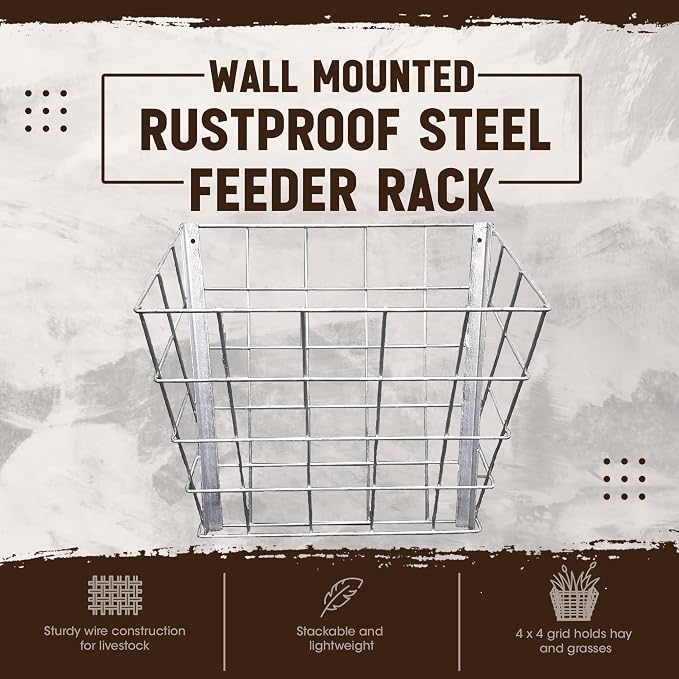 Rugged Ranch Galvanized Steel Livestock Hay Feeder Rack for Goats, Sheep, Horses and Cattle – 21"x16"x12", Silver, Wall-Mounted, Rust-Resistant, Lightweight and Stackable