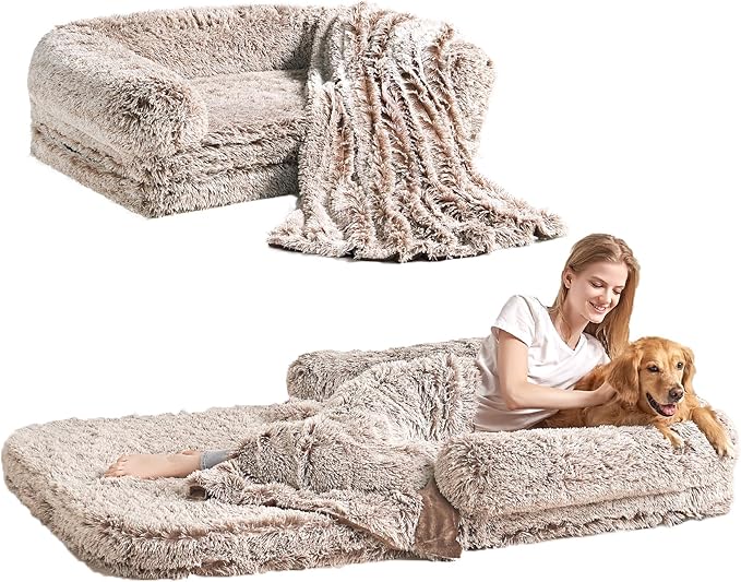 EHEYCIGA Orthopedic Foldable Human Dog Bed - 72x44x11, Faded Brown | Memory Foam Human Sized Dog Bed, Waterproof Pet Bed for People, Faux Fur Pet Couch for Adult with Non-Slip Bottom