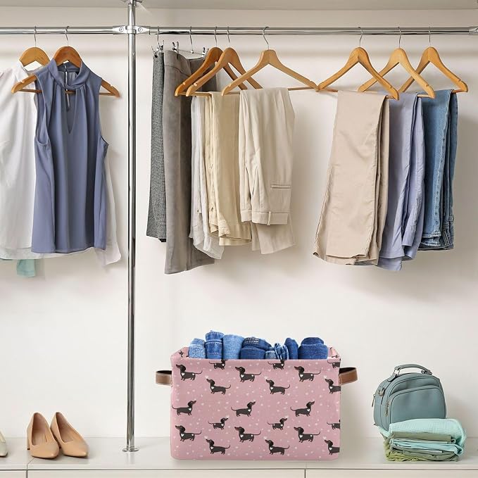 Pink Love Dachshund Dog Storage Basket Fabric Kitchen Baskets Cute Puppy Open Home Storage Bins Boxes Foldable Organizer Bag for Baby Cloth Pet Toy Book Shelf Closet Baskets 16×12×8 Inches 2 Pack