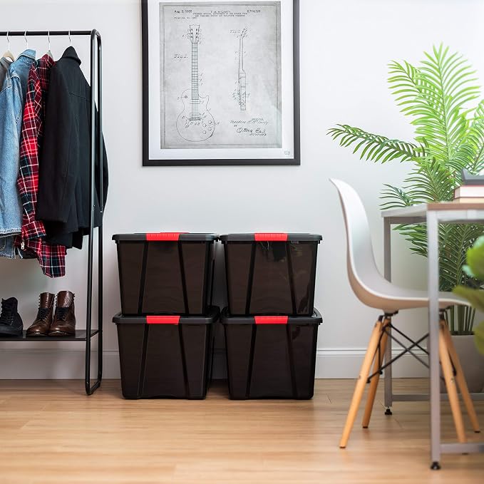 IRIS USA 4-Pack 72 Quart Storage Bins with Lids, Black | Black finish conceals stored items. Perfect for moving, blankets, clothing, and garage storage. Nestable design saves space