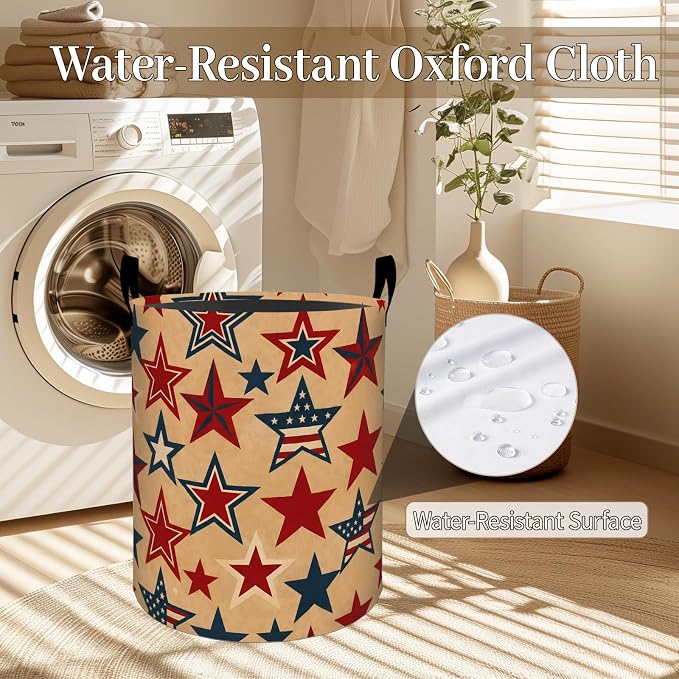 Patriotic Star Laundry Basket, Vintage Stars Foldable Oxford Cloth, Waterproof Dirty Clothes Hamper with Handles, Clothing Storage Bin Toy Organizer for Bedroom Dorm Bathroom, 19.7"x15.7"