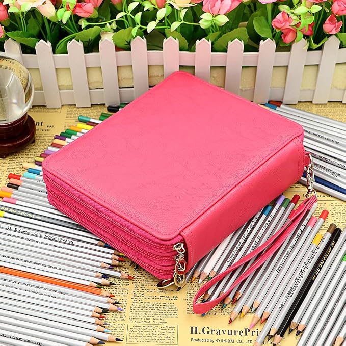 BTSKY Deluxe PU Leather Pencil Case For Colored Pencils - 120 Slot Pencil Holder with Handle Strap Handy Colored Pencil Box Large (Rose Red) | Pencil Holder with Handle Strap Handy Colored Pencil Box Large for Artists, Adults Coloring, Sketching, Drawing