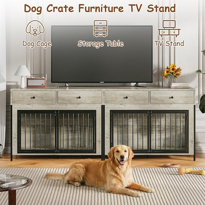 PUKAMI Large Dog Crate Furniture with 2 Drawers, 44 Inch Wooden Dog Kennel Indoor, Crate Furniture as Decorative End Table, Cage Furniture for Small Medium Large Dogs (New Grey, 2-Pack Set)