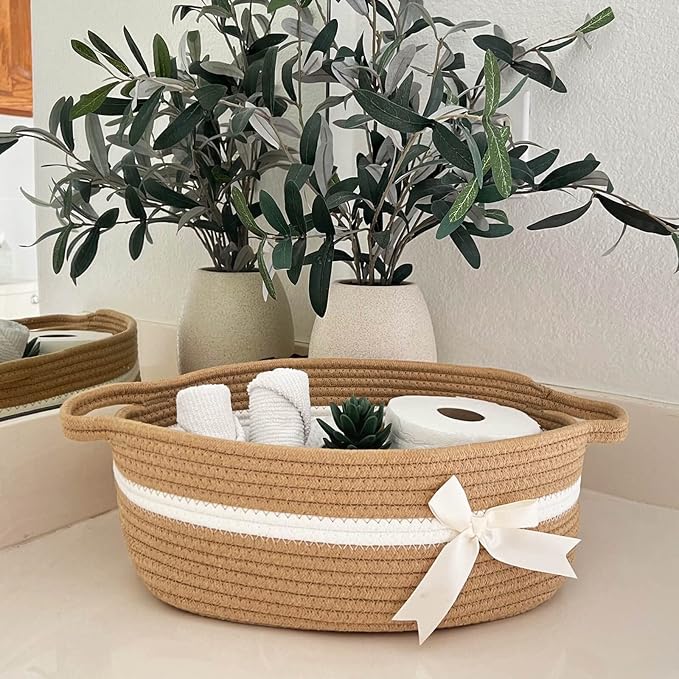 CHICVITA Small Woven Rope Gift Basket, Decorative Boo Basket, Camel | 13" x 10" x 5" Storage Baskets for Towels, Toys & Diapers, Fits Bathroom & Nursery Organization, Built-In Handles, Bow Design