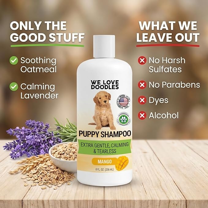 Puppy Shampoo & Conditioner | Made in USA | Tear Free | Best Shampoo for Puppies | Sensitive & Itchy Skin Wash | Oatmeal Bathing | Tearless, Mango, 8oz [We Love Doodles]